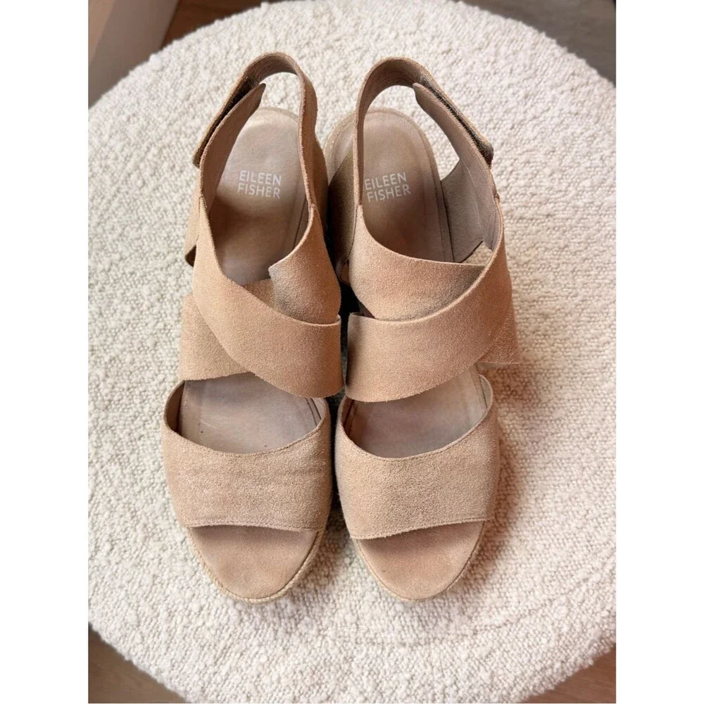 Eileen Fisher Willow 3 Espadrille Wedge Sandal in Metallic Taupe Suede size 10